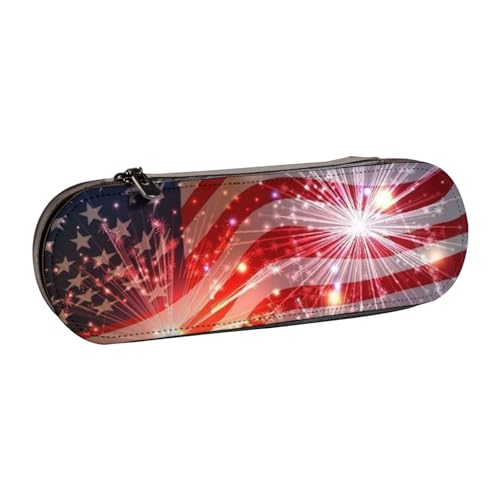 GSGCSBYMLG Feuerwerk Amerikanische Flagge bedrucktes Leder-Federmäppchen Schreibwaren-Tasche von GSGCSBYMLG