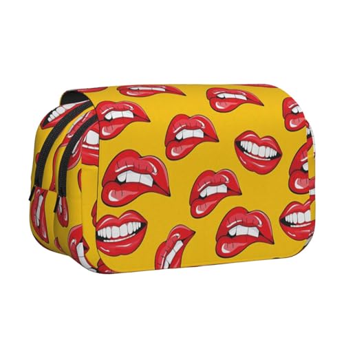 GSGCSBYMLG Frauen lächeln und beißen ihre roten Lippen, bedrucktes doppeltes Klapp-Federmäppchen, tragbares Schreibwarenetui, Schwarz , Einheitsgröße, Münztasche von GSGCSBYMLG