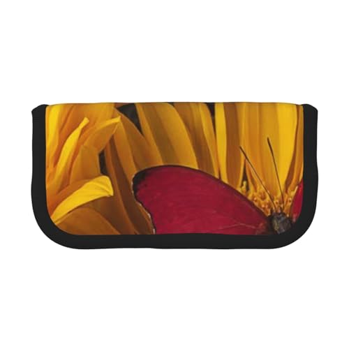 GSGCSBYMLG Gelbe Sonnenblumen mit rotem Schmetterling, bedrucktes Leinen-Federmäppchen, tragbares Schreibwarenetui, Aufbewahrungstasche von GSGCSBYMLG