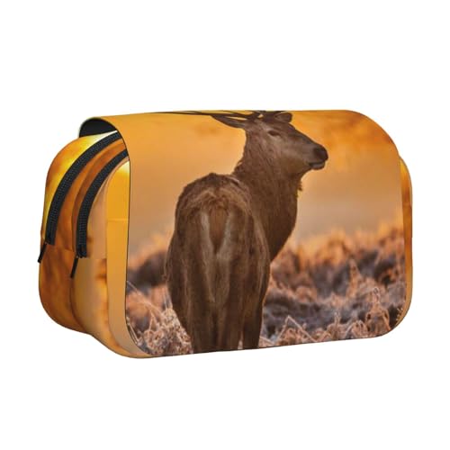 GSGCSBYMLG Geweih rotes Hirsch bedrucktes doppeltes Klapp-Federmäppchen tragbares Schreibwarenetui, Schwarz , Einheitsgröße, Münztasche von GSGCSBYMLG