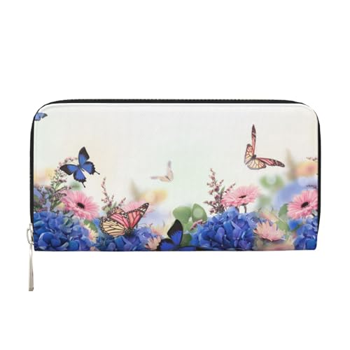 GSGCSBYMLG Hydrangeas Daisies Butterflies Printed Leather Hand Wallet Men Women Zip Clutch Card Holder, Schwarz , Einheitsgröße von GSGCSBYMLG
