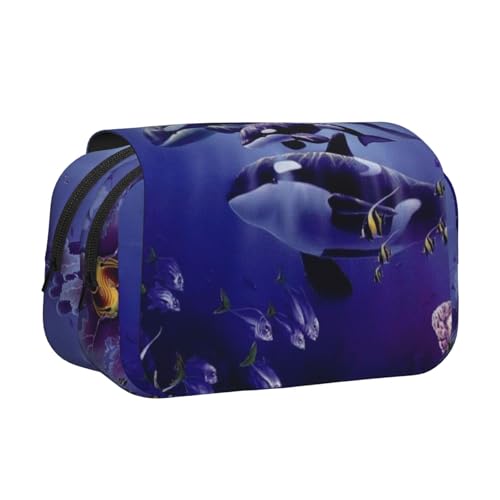 GSGCSBYMLG Killer Whales Bedrucktes Doppel-Klapp-Federmäppchen, tragbares Schreibwarenetui, Schwarz , Einheitsgröße, Münztasche von GSGCSBYMLG