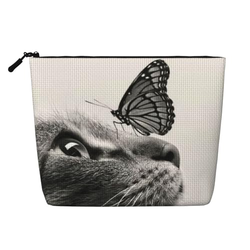 GSGCSBYMLG Kosmetiktasche aus künstlichem Hanf, Katze, Schmetterling, bedruckt, Reise-Kulturbeutel, Organizer-Tasche, Schwarz , Einheitsgröße von GSGCSBYMLG