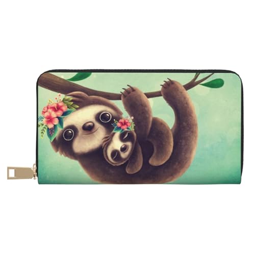 GSGCSBYMLG Lazy Cute Sloth Hanging The Branches Printed Leather Wallet Large Travel Wallet Men Women Zip Clutch Card Holder, weiß, Einheitsgröße von GSGCSBYMLG