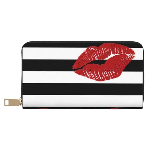 GSGCSBYMLG Lippen gedruckt in Schwarz und Weiß Streifen Bedruckte Leder Geldbörse Groß Reise Geldbörse Herren Damen Reißverschluss Clutch Kartenhalter, weiß, Einheitsgröße von GSGCSBYMLG