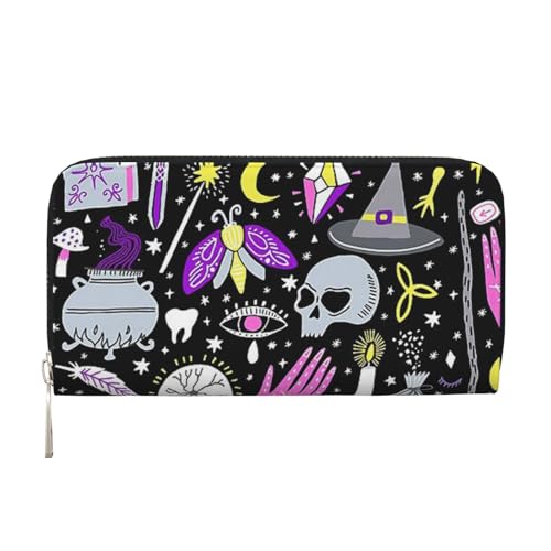 GSGCSBYMLG Magic Witch Witchcraft Bohemian Drawing Printed Leather Hand Wallet Men Women Zip Clutch Card Holder, Schwarz , Einheitsgröße von GSGCSBYMLG