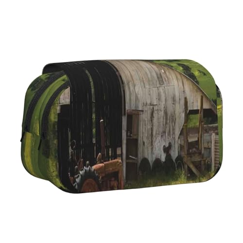 GSGCSBYMLG Old Wooden Barn with Rusted Tractor Printed Double Clamshell Pen Case Portable Stationery Case, Schwarz , Einheitsgröße, Münztasche von GSGCSBYMLG