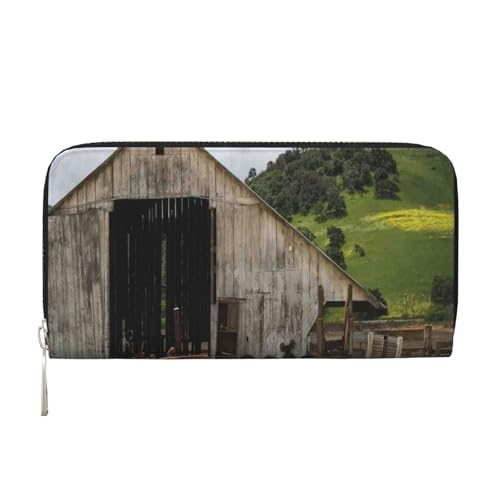 GSGCSBYMLG Old Wooden Barn with Rusted Tractor Printed Leather Hand Wallet Men Women Zip Clutch Card Holder, Schwarz , Einheitsgröße von GSGCSBYMLG