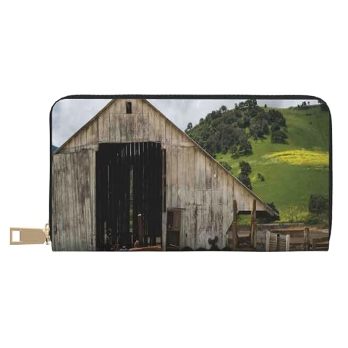 GSGCSBYMLG Old Wooden Barn with Rusted Tractor Printed Leather Wallet Large Travel Wallet Men Women Zip Clutch Card Holder, weiß, Einheitsgröße von GSGCSBYMLG
