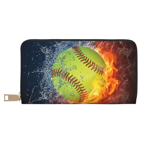 GSGCSBYMLG Orange Softball Baseball on Fire and Water Printed Leather Wallet Large Travel Wallet Men Women Zip Clutch Card Holder, weiß, Einheitsgröße von GSGCSBYMLG