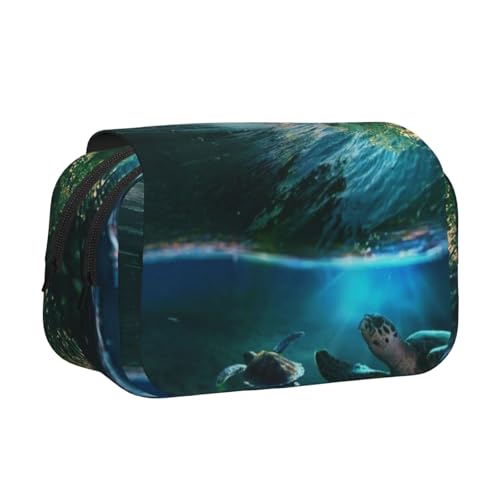 GSGCSBYMLG Stifteetui, Motiv: Palmen und Meeresschildkröten, Unterwasser-Druck, doppeltes Klappetui, tragbares Schreibwarenetui, Schwarz , Einheitsgröße, Münztasche von GSGCSBYMLG