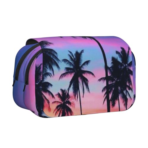 GSGCSBYMLG Stifteetui mit Palmenmotiv, bedruckt, doppelt, tragbar, Schreibwarenetui, Schwarz , Einheitsgröße, Münztasche von GSGCSBYMLG