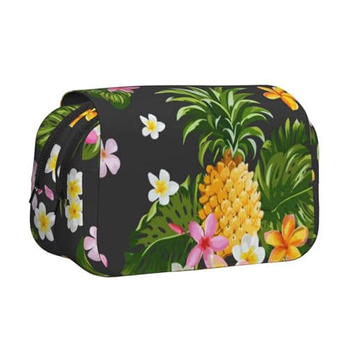GSGCSBYMLG Stifteetui mit tropischem Ananas-Motiv und hawaiianischem Aufdruck, doppeltes Klappetui, tragbares Schreibwarenetui, Schwarz , Einheitsgröße, Münztasche von GSGCSBYMLG