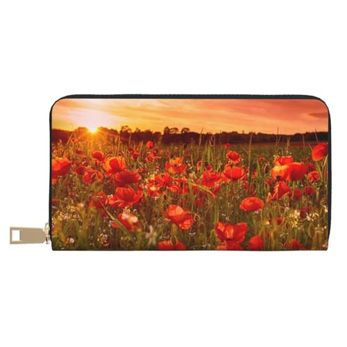 GSGCSBYMLG Sunset Flower Field Printed Leather Wallet Large Travel Wallet Men Women Zip Clutch Card Holder, weiß, Einheitsgröße von GSGCSBYMLG