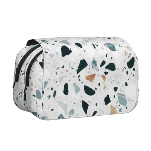 GSGCSBYMLG Weißes Terrazzo bedrucktes doppeltes Klapp-Federmäppchen, tragbares Schreibwarenetui, Schwarz , Einheitsgröße, Münztasche von GSGCSBYMLG