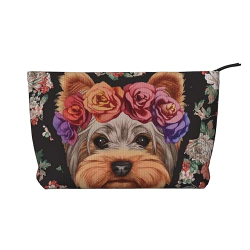 GSGCSBYMLG Yorkie Make-up-Tasche mit Blumenmuster aus Kord, Reise-Kulturbeutel, Reise-Organizer-Tasche, Schwarz , Einheitsgröße von GSGCSBYMLG