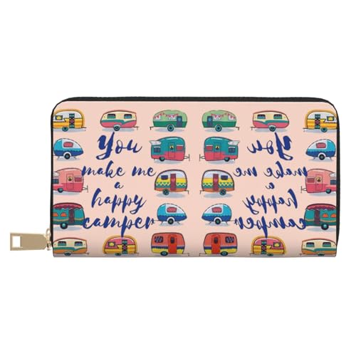 GSGCSBYMLG You Make Me Happy Camper Anhänger Bedruckte Leder Geldbörse Große Reisebrieftasche Herren Damen Reißverschluss Clutch Kartenhalter, weiß, Einheitsgröße von GSGCSBYMLG