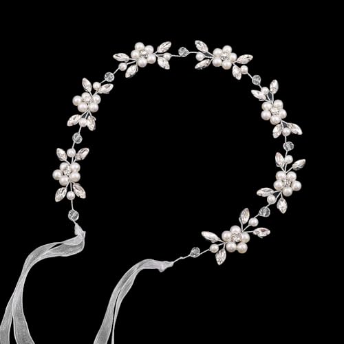 GSHLLO Braut Perle Stirnband Strass Blatt Silber Stirnband Hochzeit Kristall Haar Rebe Sparkly Haarband Perle Strass Haarteil Elegant Braut Haarschmuck mit Band von GSHLLO