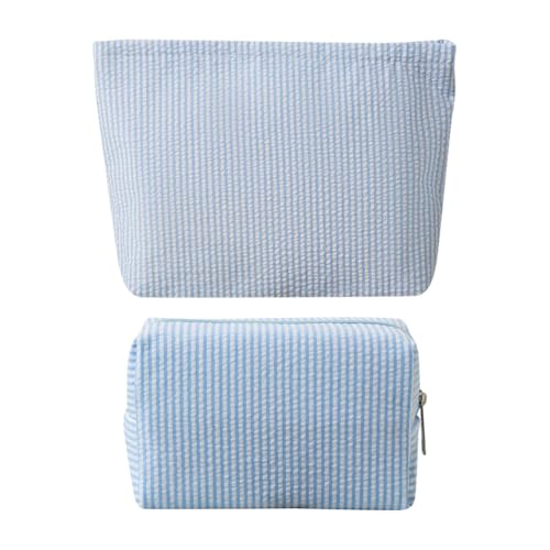 GSHLLO Make-up-Taschen-Set, gestreift, mit Reißverschluss, Kosmetiktaschen, Make-up-Pinsel, Aufbewahrungstasche, ästhetischer Kulturbeutel, Handgepäcktasche für Damen, Hellblau, 2 Stück von GSHLLO