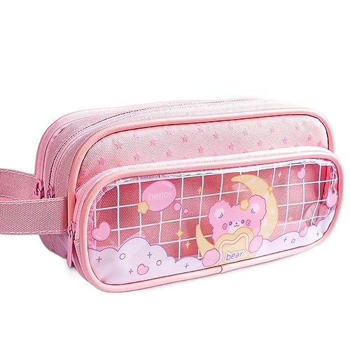 Bleistiftbox DREI Schichten Große Kapazität Bleistift Tasche Schreibwaren Ästhetische Transparente Gitter Stift Fall Mädchen Zipper Bleistift Beutel Schule Liefert (Color : Pink-A) von GSJNHY