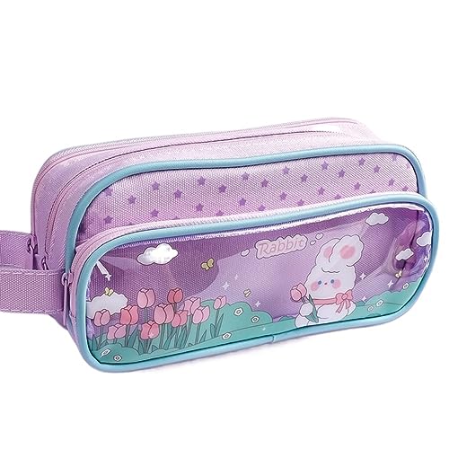 Bleistiftbox DREI Schichten Große Kapazität Bleistift Tasche Schreibwaren Ästhetische Transparente Gitter Stift Fall Mädchen Zipper Bleistift Beutel Schule Liefert (Color : Purple-A) von GSJNHY