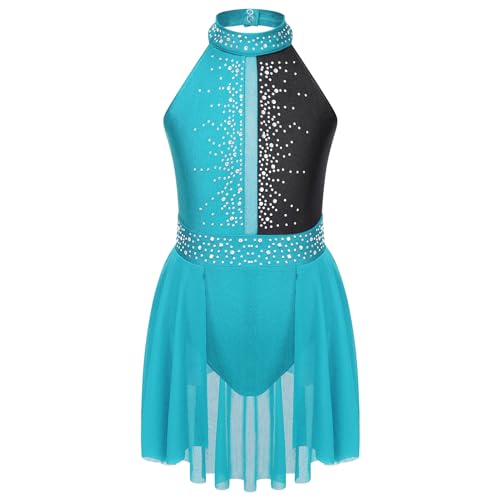 GSJNHY Damen Lyric Kleidung Kinder Mädchen Eiskunstlauf Gymnastik Gymnastikanzug Kleid Neckholder ärmellos ausgehöhlter Rücken Ballett Tutu Strass Lyrical Dance Kleid (Grün Schwarz, 10) von GSJNHY