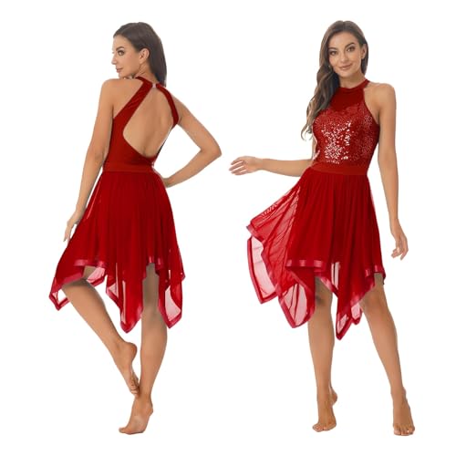 Lyrisches Tanz Kostüm für Damen Ärmelloses Neckholder-Pailletten-Ballettkleid for Damen, lyrisches Tanzkostüm, asymmetrisches Mesh-Jazz-Kleid for modernen zeitgenössischen Tanz ( Color : Burgundy , Si von GSJNHY