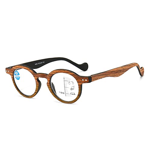 GSKDZG Retro Holz Korn Lesebrille Runde Progressive Multifokale Presbyopische Brille Damen Herren Computerbrille Blaulichtfilter Brille +2.0 +1.5(Brown,+1.0) von GSKDZG