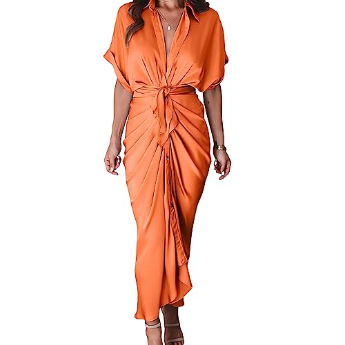 GSKS Damen Kurzarm Satin Kleid Button Down mit Gürtel Maxi Hemdkleider, Orange/Abendrot im Zickzackmuster (Sunset Chevron), Klein von GSKS