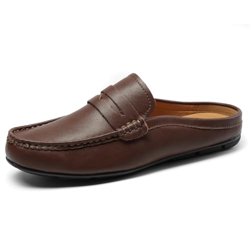 GSOHINO Herren Slip-On Loafers Handgemachte Leder Hausschuhe Atmungsaktiv Bequem Weich Handgenäht Kein Absatz Freizeitschuhe für Männer, Braun, 42.5 EU von GSOHINO