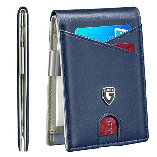 GSOIAX Schlanke Leder-RFID-Bifold Geldbörse für Herren mit Geldklammer und 12 Kreditkartenhaltern – minimalistische Vordertasche mit Ausweisfenster,Beige, Slim Jeans (schmales Bein) von GSOIAX