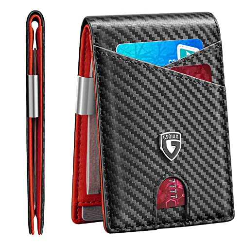 GSOIAX Slim Leder RFID Bifold Wallet für Herren - Minimalistische Fronttasche Geldbörse mit Geldklammer 12 Kartenfächer ID Fenster Cool Groove Design Inklusive Geschenkbox, Carbon - Rot, Classic von GSOIAX
