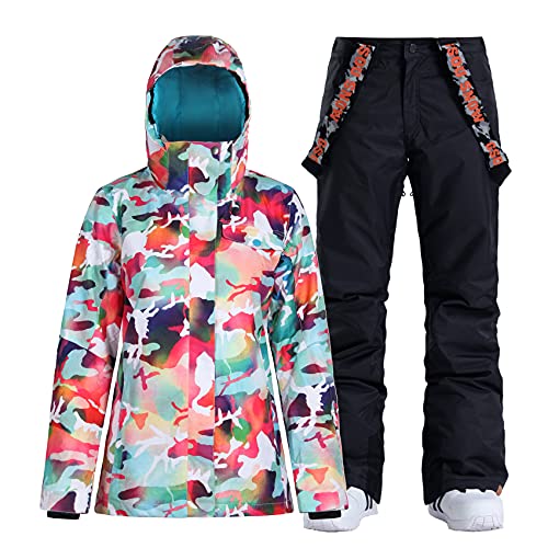 GSOU SNOW Damen Skijacken und Hosen Snowboarden Schneeanzug Mantel Warm Kapuze Wasserdicht Winddicht Isoliert, Camouflage schwarz, XL von GSOU SNOW