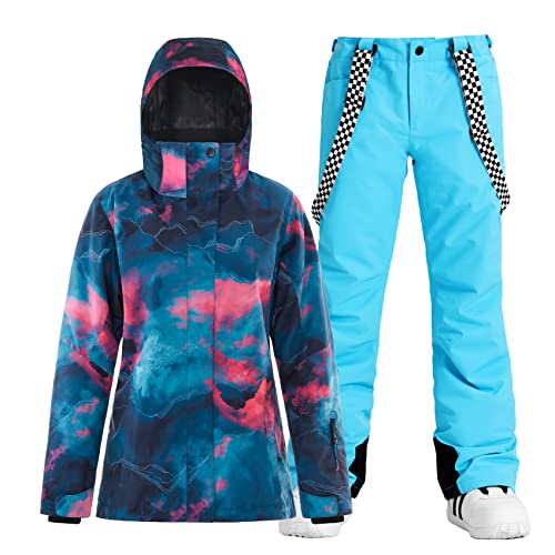 GSOU SNOW Ski Sets für Frauen Ski Jacken und Hosen Schneeanzug Snowboard Mantel outfits Warme Kapuze Wasserdicht Winddicht Isoliert, Blau 1 , Medium von GSOU SNOW