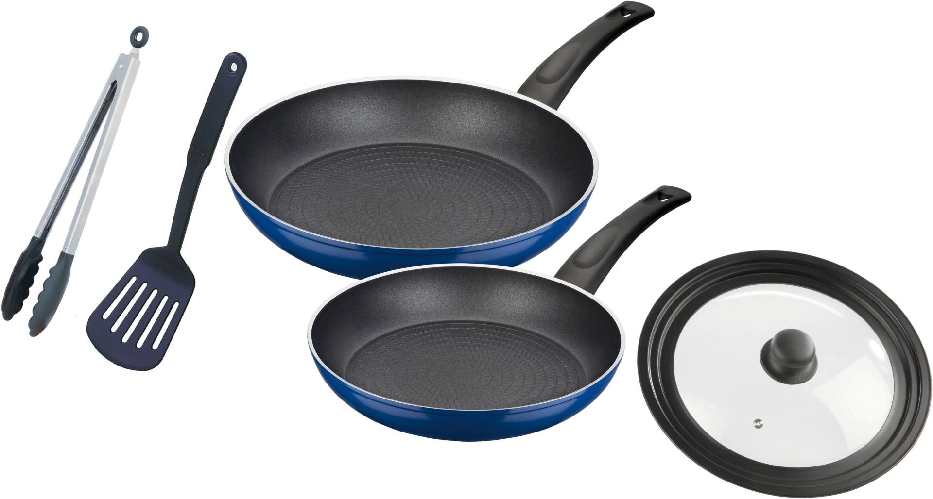 GSW Pfannen-Set "Dream Line" Aluminium Set, je 1 Pfanne 24/28cm, 1 Deckel 24-28cm, 1 Pfannenwender, 1 Multizange, 5 Stk. tlg. Antihaft-Versiegelung, Wabenboden, Induktion von GSW