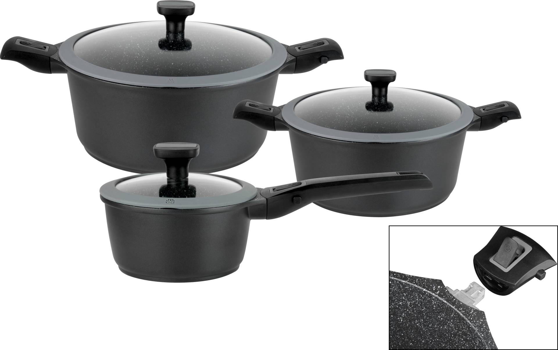 GSW Topf-Set "Easy Click" Set, 1x Kochtopf Ø 20 cm, 1x Kochtopf Ø 24 cm, 1x Stielkasserolle Ø 16 cm, 6 Stk. tlg. Aluminiumguss von GSW