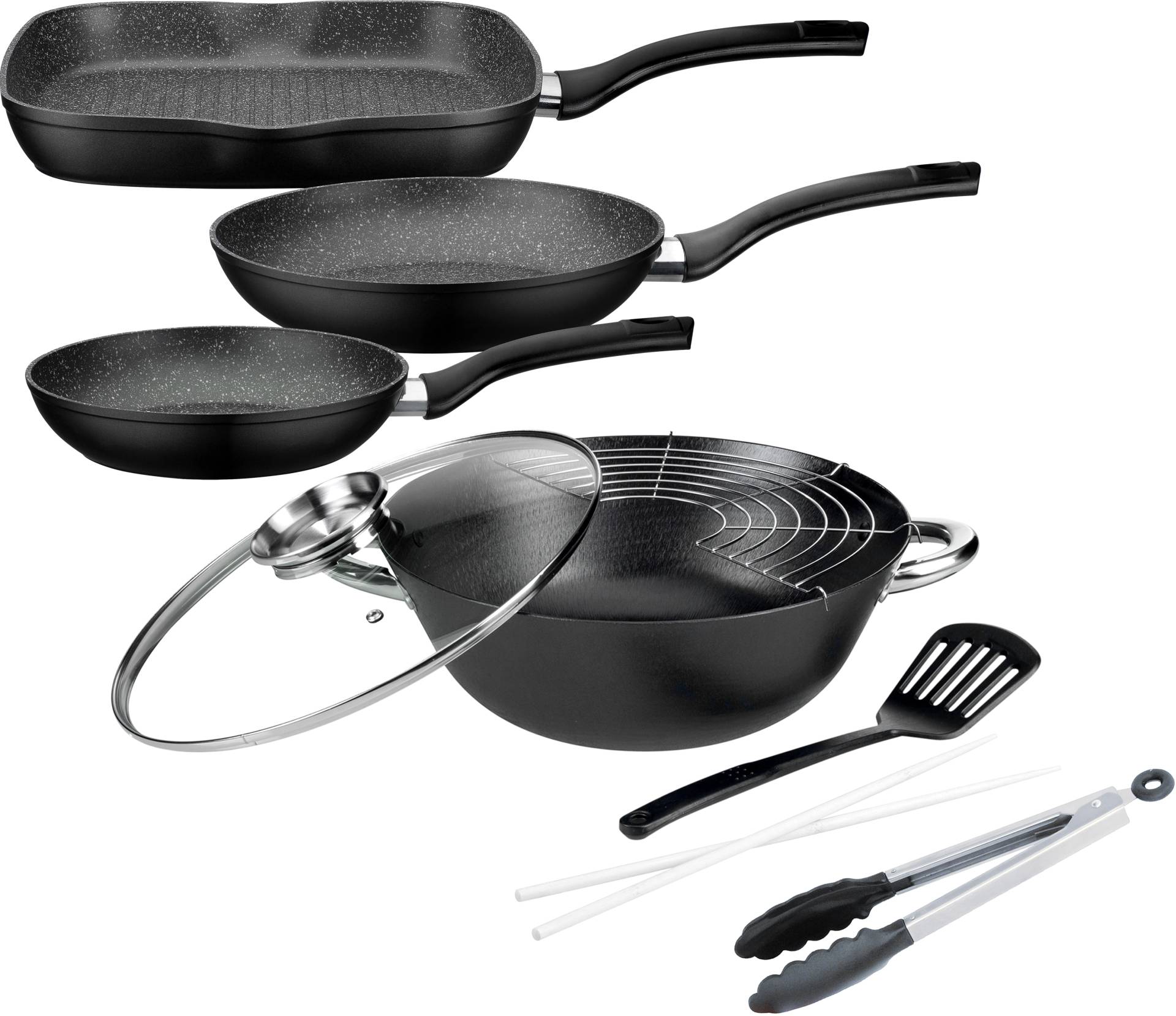 GSW Topf-Set "Gourmet Granit", Gusseisen, (Set, 6 tlg., 1x Bratpfanne Ø 20/24 cm, 1x Grillpfanne 28 x 28 cm, 1x Wok Ø 32 cm) von GSW