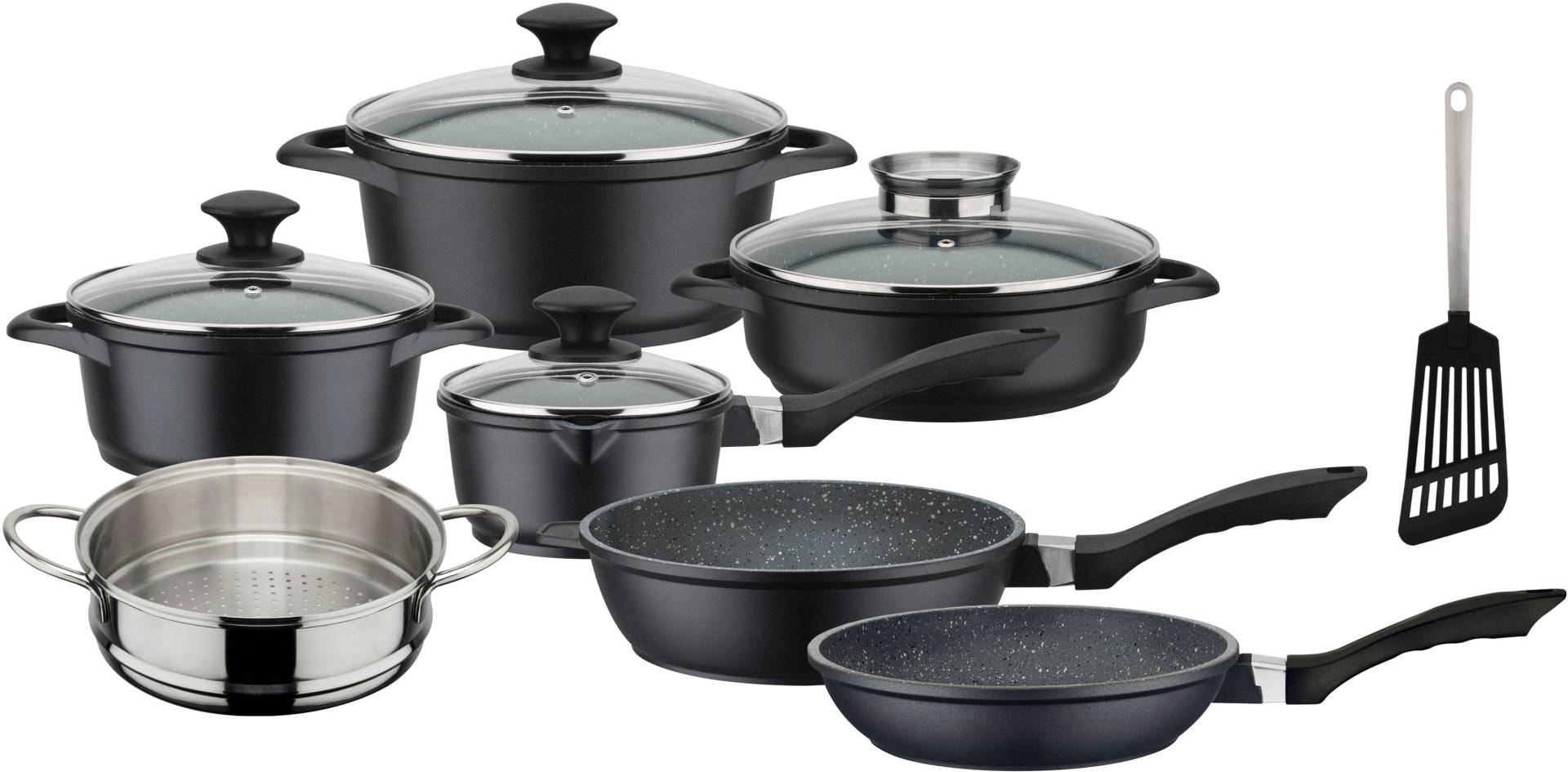 GSW Topf-Set "Gourmet Granit", Aluminiumguss, (Set, 12 tlg., Kochtopf 20/24, Stieltopf 16, Pfanne 20/24, Bräter, Dampfeinsatz) von GSW