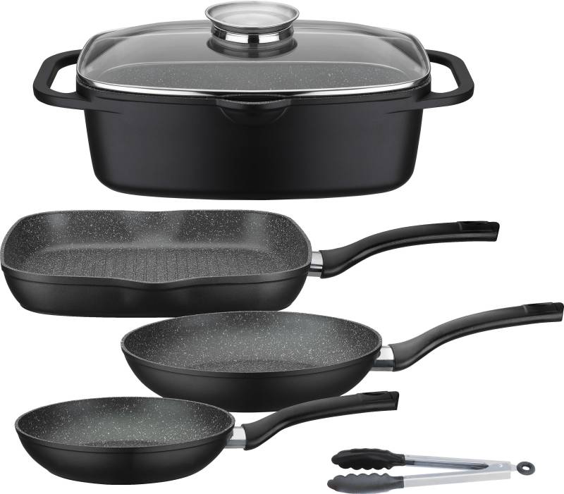 GSW Topf-Set "Gourmet Granit" Set, 1 Bräter, 1 Grillpfanne Ø 28cm, je 1 Bratpfanne Ø 20/24cm, 1 Kochzange, 5 Stk. tlg. Aluminiumguss von GSW