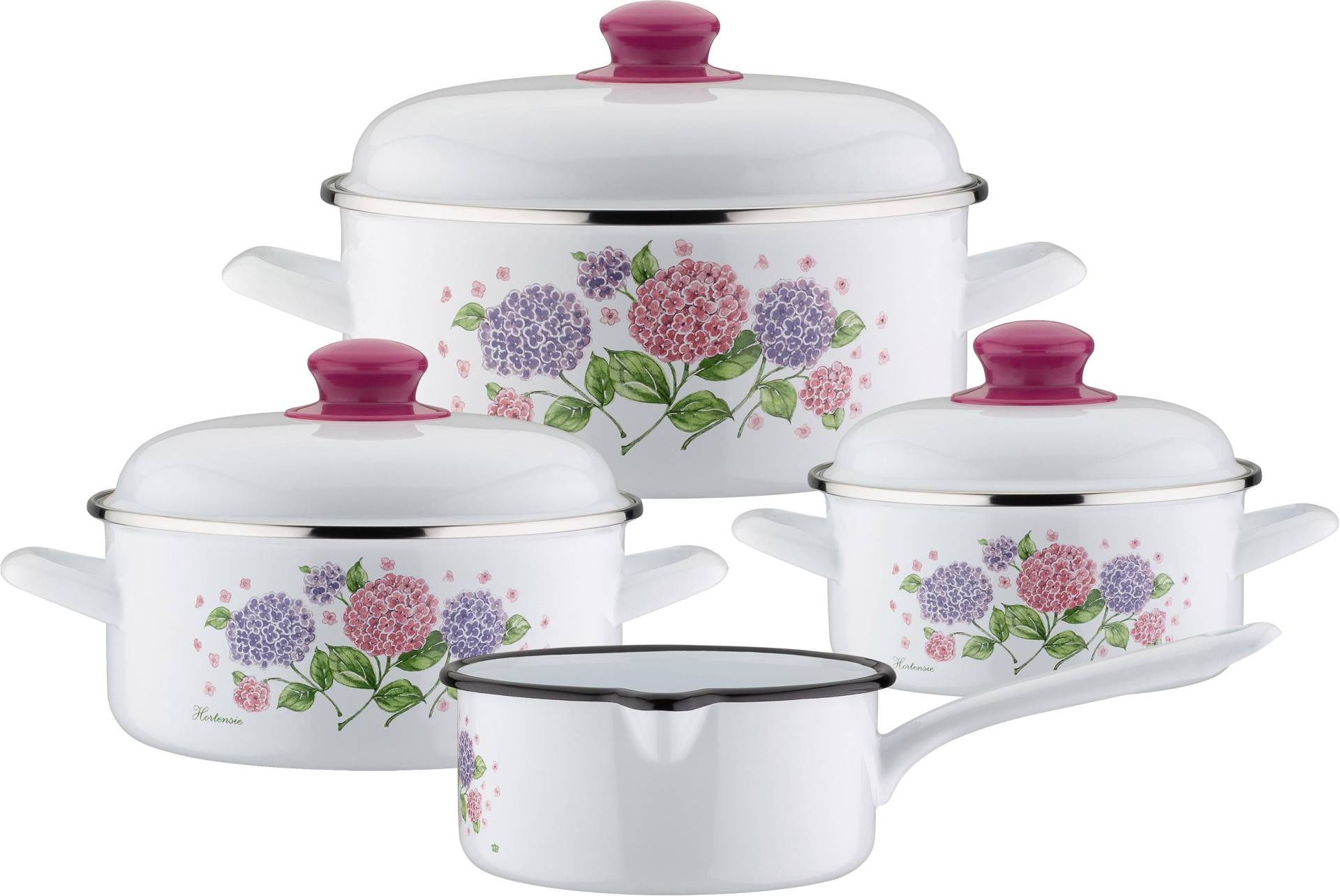 GSW Topf-Set "Hortensie" Stahl-Emaille Set, je 1 Kochtopf Ø 16/20/24 cm, 1x Stielkasserolle Ø 16 cm, 7 Stk. tlg. Induktion von GSW
