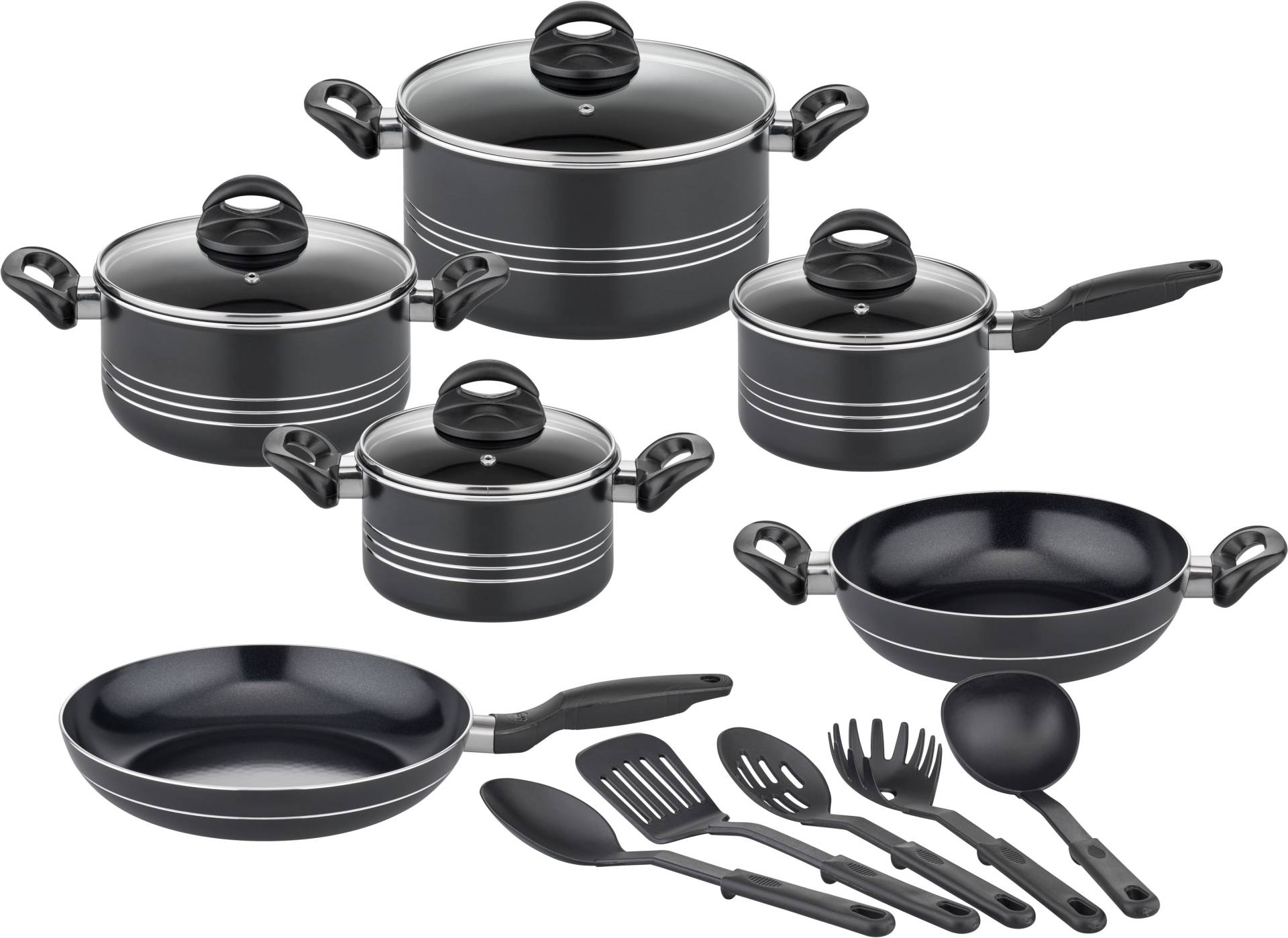 GSW Topf-Set "Milano Nero", Aluminium, (Set, 15 tlg., je 1 Kochtopf 16/20/2 cm, 1 Stielkasserolle 16cm, je 1 Pfanne 24/28cm) von GSW