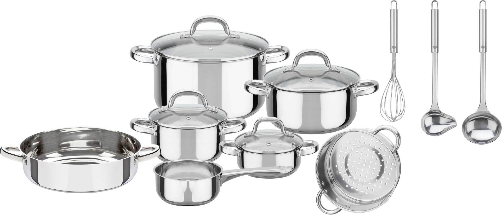 GSW Topf-Set "Montreal" Edelstahl Set, Kochtopf 14/16/20/24 cm, Stielkasserolle 14 cm, Pfanne 24 cm, Einsatz, 14 Stk. tlg. Induktion GSW Topf-Set "Montreal" Edelstahl Set, Kochtopf 14/16/20/24 cm, Stielkasserolle 14 cm, Pfanne 24 cm, Einsatz, 14 Stk. tlg. Induktion von GSW