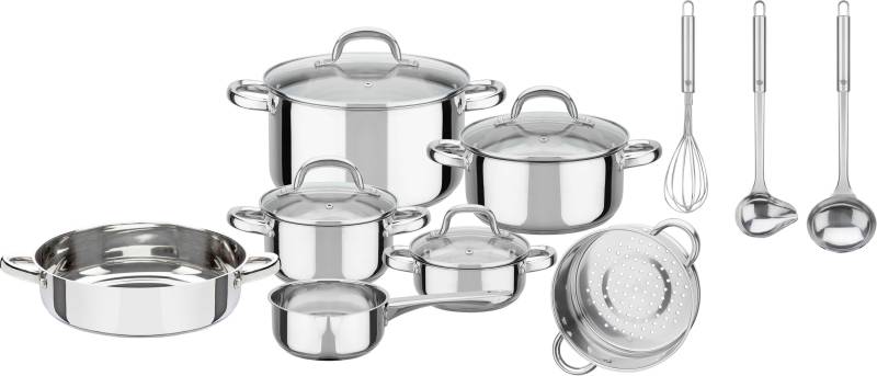 GSW Topf-Set "Montreal" Set, Kochtopf 14/16/20/24 cm, Stielkasserolle 14 cm, Pfanne 24 cm, Einsatz, 14 Stk. tlg. Edelstahl von GSW