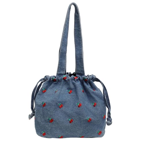 GSZCCZS Frauen Denim Unterarmtasche bestickte Kirsch Handtaschen Draw String Tasche Jean Hobo Tasche Pendeleinkaufstasche Pendelbeutel von GSZCCZS