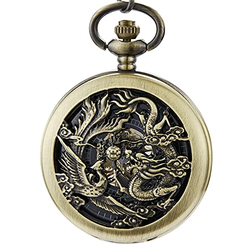 GSZCCZS Mechanical Pocket Watch Dragon Play Ball Steampunk Skelett Hand-Wind Flip Clock Watch mit Kette für Männer Frauen Sammlung von GSZCCZS