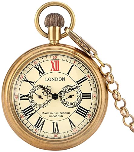 GSZCCZS Retro Antique Copper London 1856's 5 Hände mechanische Taschenuhr Luxury Handwickel Skeleton Männer Uhr mit 30 cm Kette von GSZCCZS