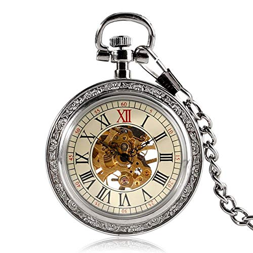 GSZCCZS Steampunk Silber Skelett mechanische Taschenuhr Kette Offenes Gesichtsdesign Hand Wind Frauen Männer Uhren Uhr von GSZCCZS