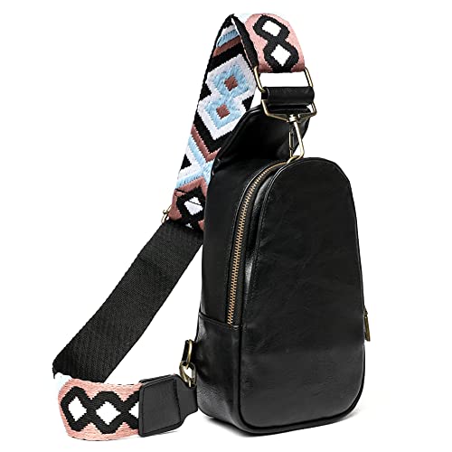 Bauchtasche Damen Brusttasche Leder, Crossbody Bag Damen Breiter Gurt, Sling Bag Boho Stil Kleine Umhängetasche mit Reißverschluss und Schultergurt Frauen für Outdoorsport Reisen Einkaufen,Schwarz von GSenhui