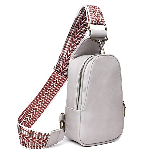 Bauchtasche Damen Brusttasche Leder, Crossbody Bag Damen Breiter Gurt, Sling Bag Boho Stil Kleine Umhängetasche mit Reißverschluss und Schultergurt Frauen für Outdoorsport Reisen Einkaufen,Grau von GSenhui