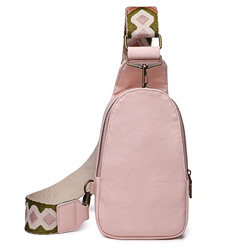 Bauchtasche Damen Brusttasche Leder, Crossbody Bag Damen Breiter Gurt, Sling Bag Boho Stil Kleine Umhängetasche mit Reißverschluss und Schultergurt Frauen für Outdoorsport Reisen Einkaufen, Rosa von GSenhui